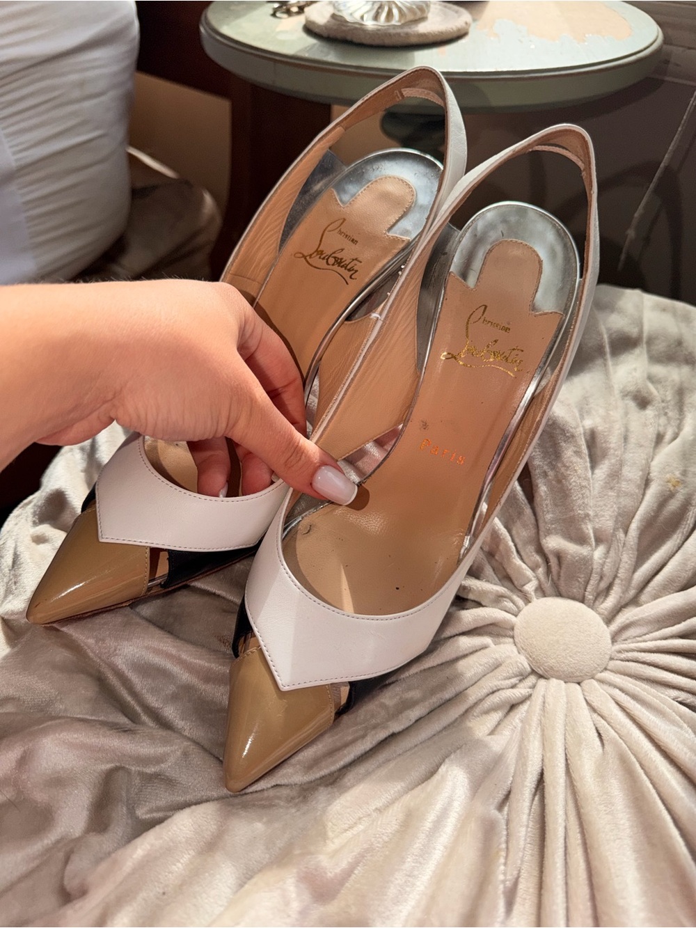 Christian Louboutin White, Tan and Black Pointed Slingback Pumps